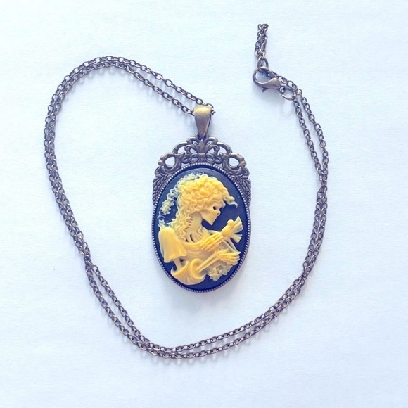 Black and Yellow Skeleton Lady Cameo Victorian Style Necklace, NWT, Handmade - Picture 4 of 5